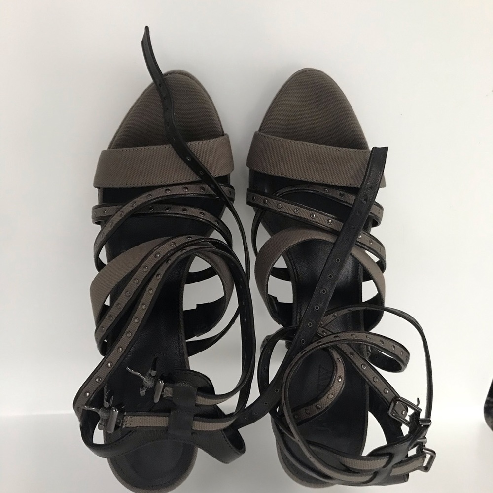 Jcrew Linen Army Green strapping heel with studs. - Picture 2 of 5